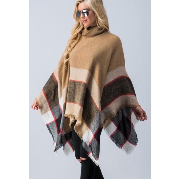 ✨SALE!✨5⭐️NEW TAN CAMEL PLAID PONCHO WRAP CAPE TOP - Picture 7 of 8